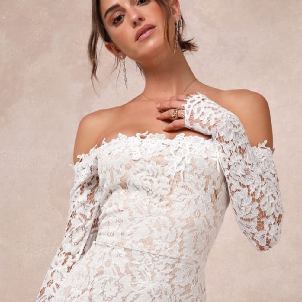 Lulu's Off-Shoulder Lace Wedding Dress in White - Picture 3 of 4